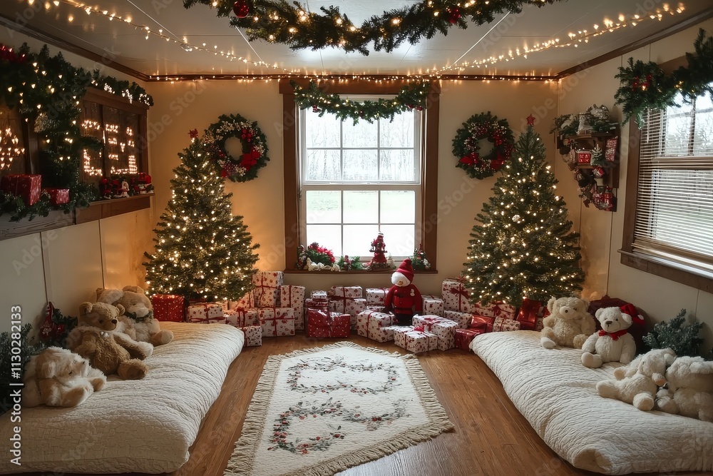 Cozy Christmas room with wreaths, garland lights, teddy bears on pillows, two Christmas trees, and presents under the trees, creating a festive holiday atmosphere. Cozy Christmas room with wreaths, garland lights, teddy bears on pillows, two Christmas trees, and presents under the trees, creating a festive holiday atmosphere.