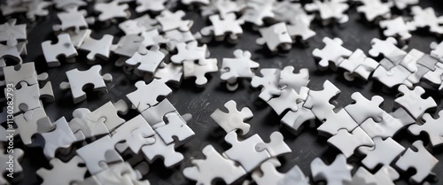 Numerous interlocking gray and white puzzle fragments against a dark backdrop ,  pattern,  gray,  geometry