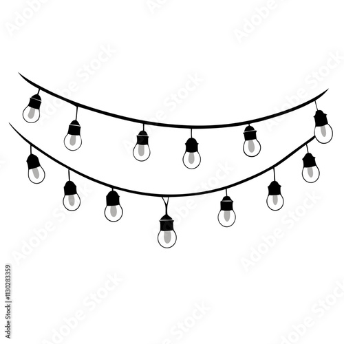 Outdoor garden string light bulbs in line drawing on transparent background