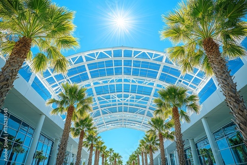 Wide shot of the Tampa Bay Buccaneers stadium roof structure with white and blue colors, palm trees, and clear sky in Tampa, Florida. photo