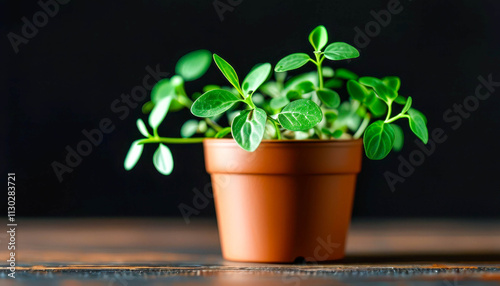 A small pot of growing microgreens, dark wooden surface. The microgreens look fresh and juicy, adding a bright green accent. photo