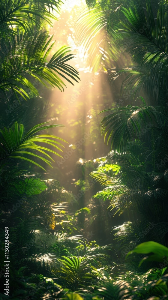Naklejka premium A serene jungle scene with sunlight filtering through lush green foliage.
