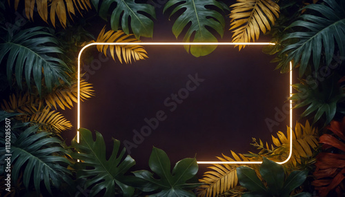 Dark and golden tropical leaves background illuminated by rectangular neon frame