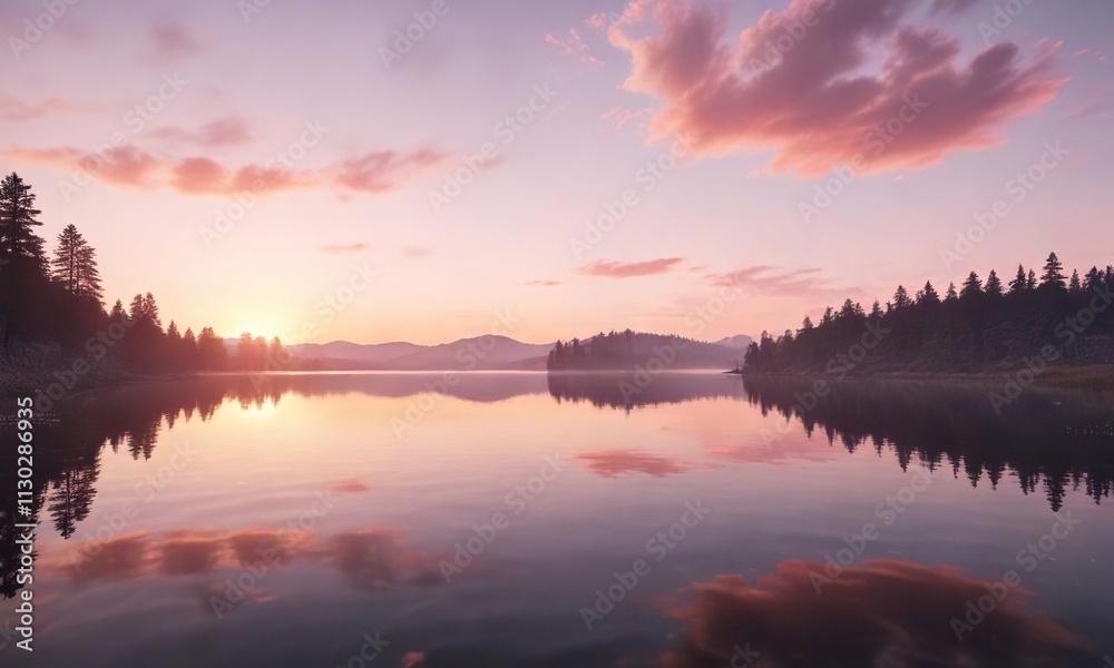 Fototapeta premium Soft pink hue of sunrise over calm lake surface, reflections, golden light