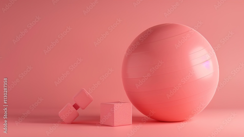 An exercise ball and a pair of yoga blocks on a solid pink background.