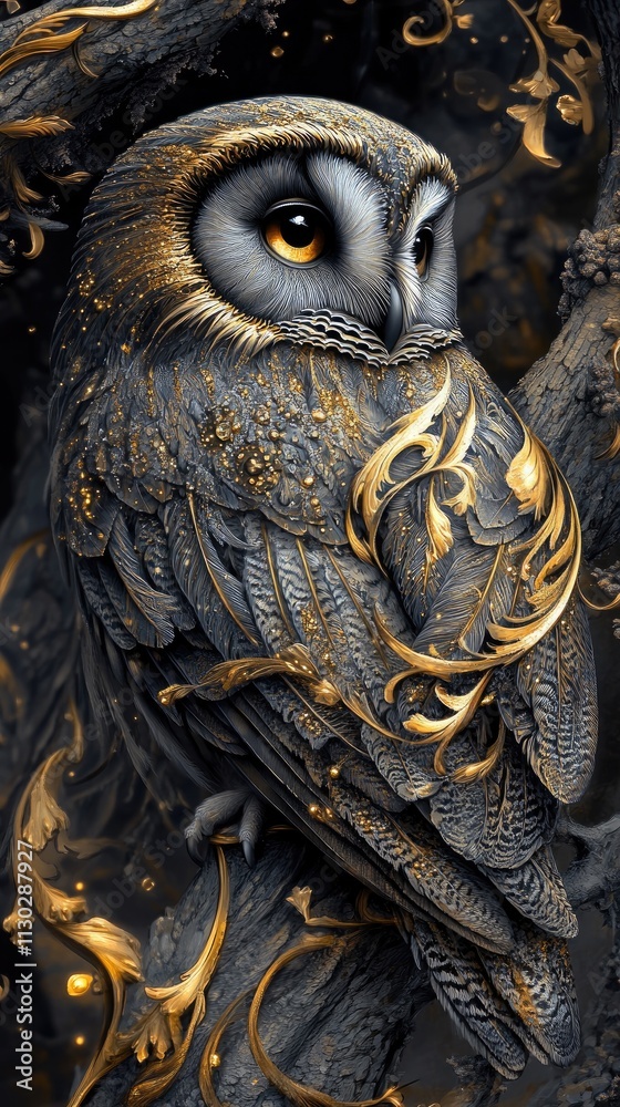 Obraz premium A detailed, artistic depiction of an owl with intricate golden designs on its feathers.