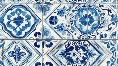 Seamless Pattern with Santorini-Inspired Blue and White Tile Designs Intricate blue and white geometric patterns and delicate floral motifs are arranged in a sophisticated and elegant style.