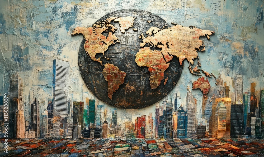 Fototapeta premium Textured globe, cityscape, abstract painting.