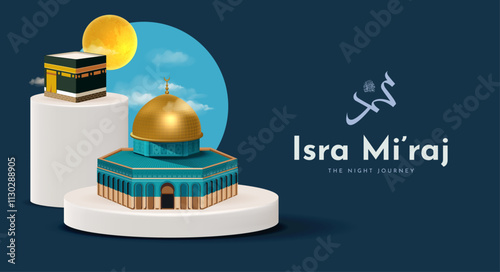 Al-Isra wal Mi'raj Translate: The night journey Prophet Muhammad Vector Illustration For Poster Template and Flyer, Simple Background of Isra Mi'raj Ceremony
