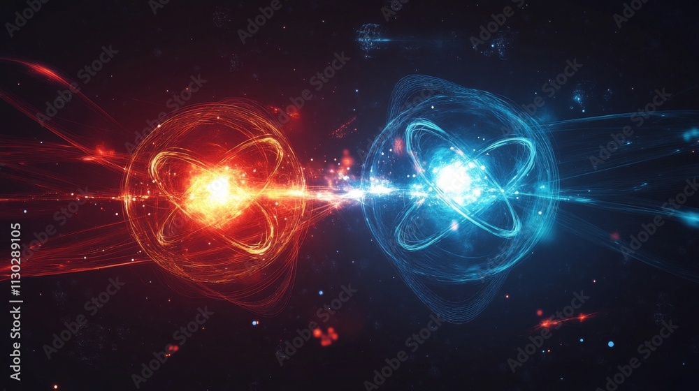 Fototapeta premium atomic spheres collision, blue red quantum particles, glowing energy trails, deep space background, particle fusion visualization, dynamic orbital paths, cosmic balance illustration, ethereal light