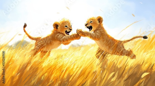 Playful lion cubs tackling each other in golden grass under a clear sky photo