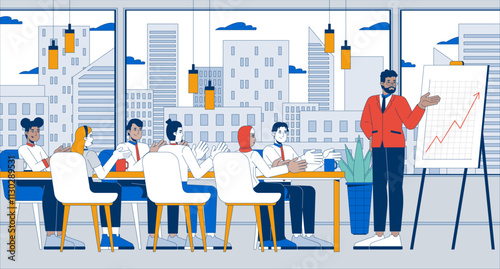 Company results celebration flat illustration. Multicultural colleagues clapping hands in boardroom 2D characters cartoon background. Celebrating success in workplace scene vector storytelling image