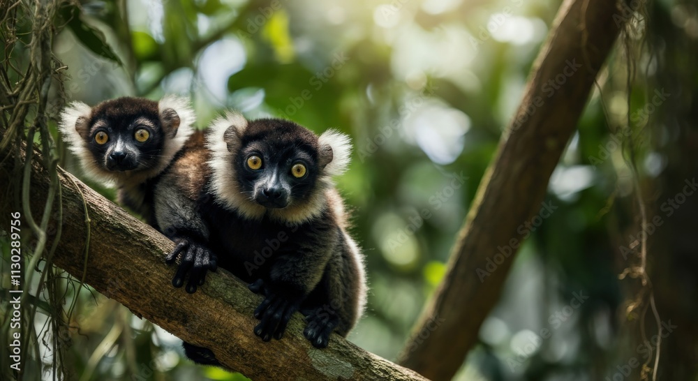 Obraz premium Curious lemurs in lush jungle habitat with sunlit canopy