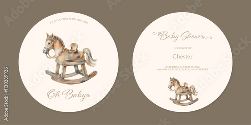Round Baby Shower Invitation with Rocking Horse Illustration, Rustic Theme, Beige and Brown Palette, A Little Pony Is on the Way, Baby Shower Invitation Card
