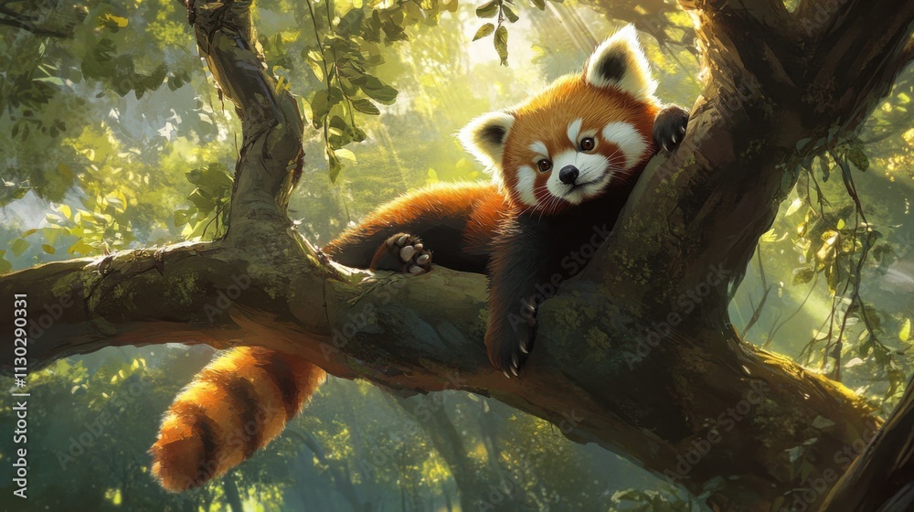 Fototapeta premium Playful red panda climbing through tree branches, dappled sunlight above