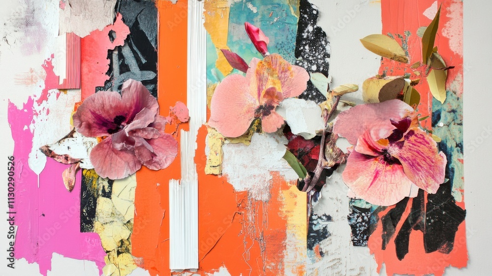 Obraz premium Playful, textured collage with ripped edges, bright colors, and dynamic arrangements