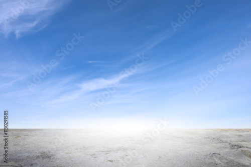 Photography Wide empty grunge cement counter table top on blue sky clouds white light backgr