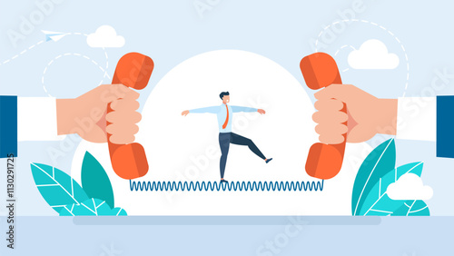 Telephone negotiation. A tightrope walker balances on a telephone cord. Negotiation for business winning, agreement or partnership deal for both benefit, professional talk concept. Vector illustration