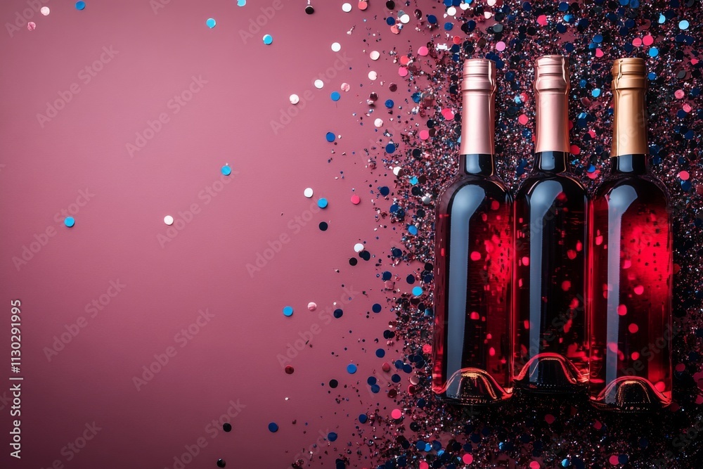 Fototapeta premium Bottles of wine are on table with pink background with copy space