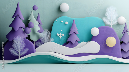 Colorful Abstract Landscape with Stylized Trees, Spheres, and Curved Shapes in a Dreamy Composition for Creative Design and Background Use