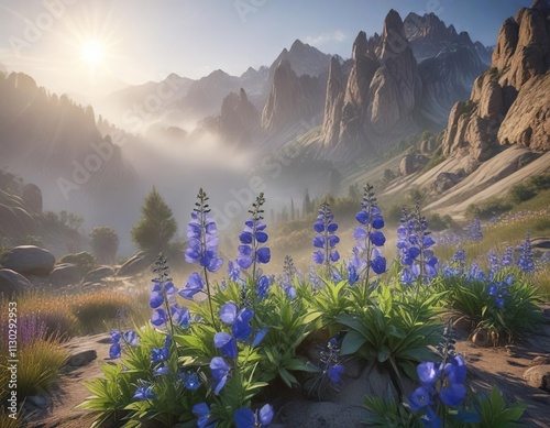 Aconitum napellus flowers against rugged mountain landscape with misty atmosphere and early morning sunlight filtering through trees, botanical garden, flower fields , mist photo