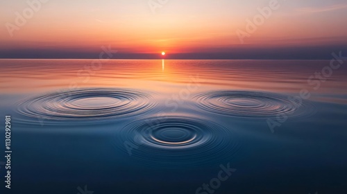 Harmonious water circles, gentle sunset glow, mirror-like ocean surface, artistic seascape capture, pure ripple patterns, magical twilight colors, serene marine minimalism