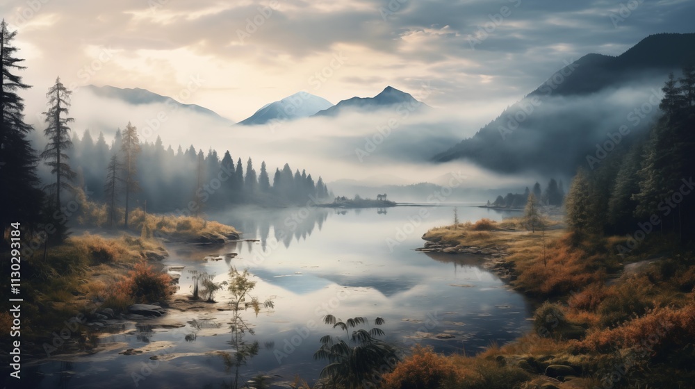 Obraz premium Serene Mountain Lake Mist Shrouded Peaks and Pines