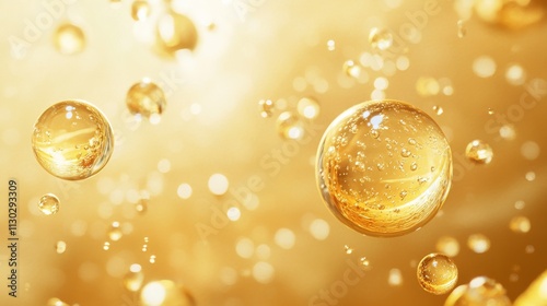 hyaluronic acid molecular structure floating in golden liquid, large oil droplet, microscopic bubbles, 3D rendering, volumetric lighting, translucent spheres, glossy surface, amber gradient