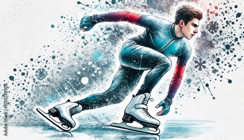 Young speed skater in a dynamic pose gliding on ice with abstract watercolor splashes. Winter sports and motion illustration photo