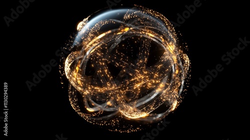 luminous atomic sphere, radiating golden particles, spiral energy streams, pitch black cosmos, brilliant core light, abstract quantum visualization, dynamic particle flow, metaphysical energy art, photo