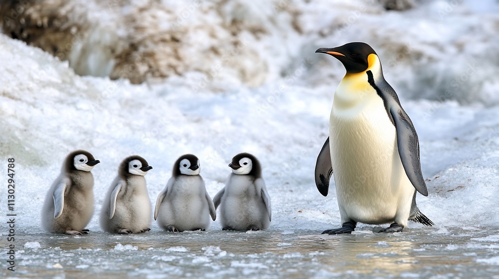 Fototapeta premium Emperor penguin adults and chicks on snowy ice.