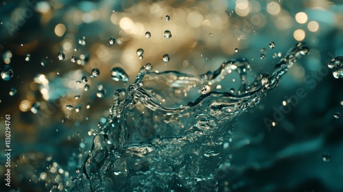 macro water droplets photography, cascading liquid motion, aqua teal environment, water splash dynamics, crystalline bubbles, high speed capture, flowing movement, environmental photography, dramatic photo