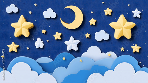 Colorful Night Sky with Stars and Clouds in Paper-Cut Style with a Yellow Moon Illustrating a Dreamy and Whimsical Atmosphere Perfect for Children’s Themes