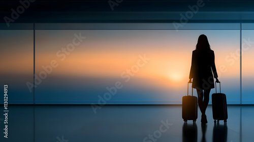 travel concept, woman in airport, passenger silhouette waiting with luggage in airport photo