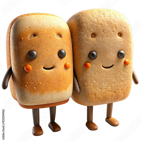 Two cute bread characters are playfully standing together each displaying friendly smiles and unique textures while surrounded by a clean white background
