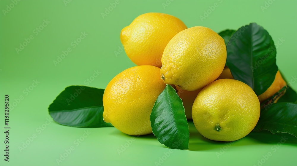 A bunch of lemons with a couple of leaves on a solid green background.