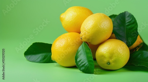 Obraz na płótnie A bunch of lemons with a couple of leaves on a solid green background. w salonie