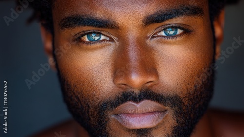 Close-up portrait of a handsome Black man with striking blue eyes. photo