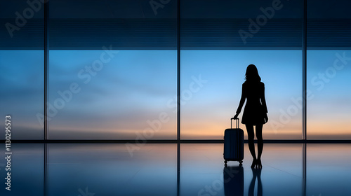 travel concept, woman in airport, passenger silhouette waiting with luggage in airport photo