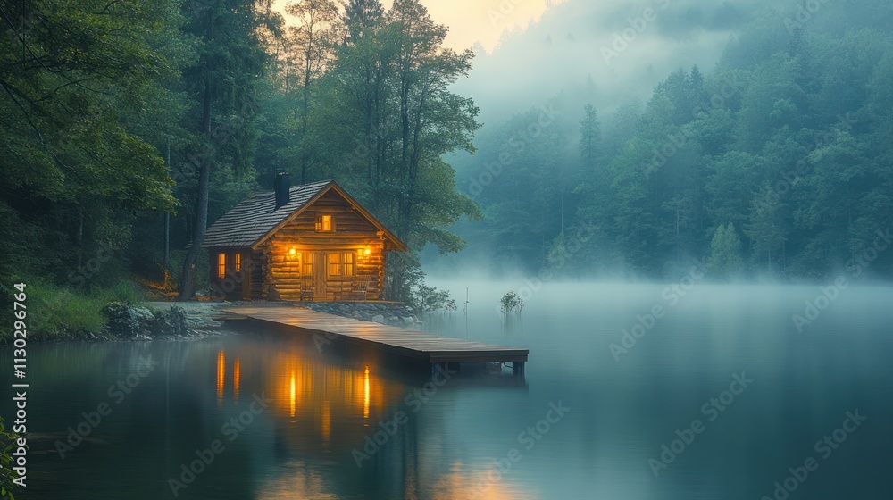 Fototapeta premium Cozy cabin on misty lake at dawn.
