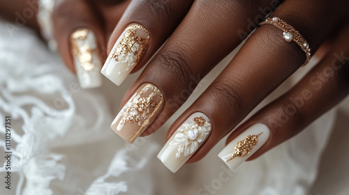 Wallpaper Mural Black woman with bridal manicure featuring ivory and gold colors, showcasing perfect nails for weddings or luxury beauty services Torontodigital.ca