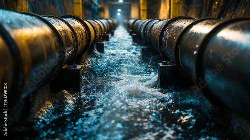 Heavy-duty water management pipes, aqua engineering installation, aggressive water flow dynamics, industrial grade steel construction, bolted pipe connections, moody atmospheric lighting, technical photo