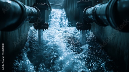 Heavy-duty water management pipes, aqua engineering installation, aggressive water flow dynamics, industrial grade steel construction, bolted pipe connections, moody atmospheric lighting, technical photo