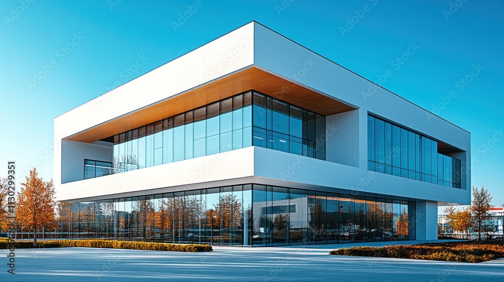 Modern white office building with large glass windows and a wooden accent. Modern white office building with large glass windows and a wooden accent.