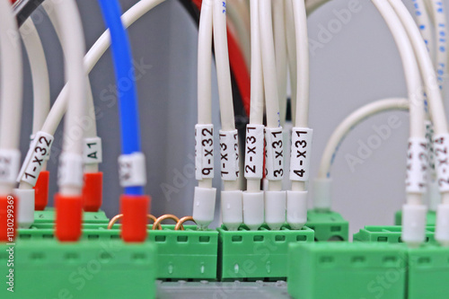 Connection of electrical modules using insulated mounting wires. Close-up. Soft focus.