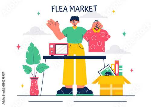 Flea Market Vector Illustration featuring a Second-Hand Shop with Shoppers, Swap Meets, Sellers, and Customers at a Weekend Market in a Business