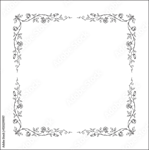 Vegetal floral frame with leaves and rose flowers, decorative corners for greeting cards, banners, business cards, invitations, menus. Isolated vector illustration.	
