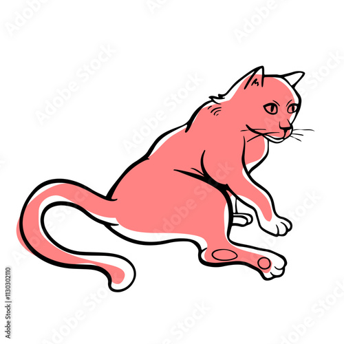 Funny cat is Lying on its side. Free hand Fat cute domestic pet illustration. Trendy doodle icon. Sketch style crooked vector.