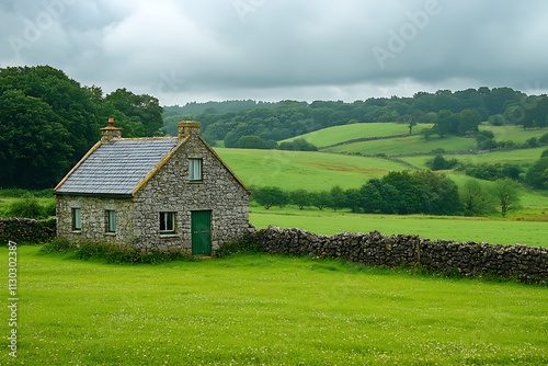 View of an Irish Countryside with Lush Green Grass photo