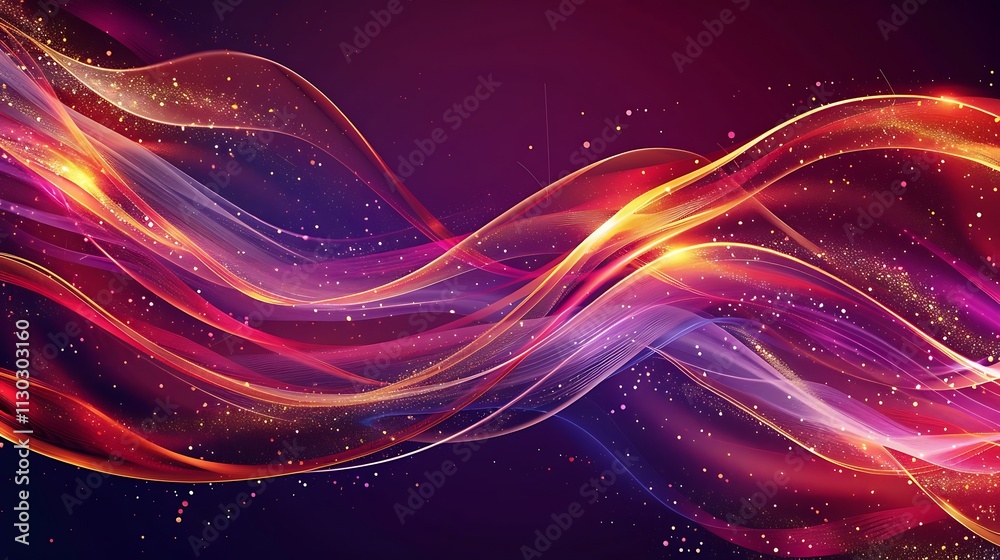 Fototapeta premium A futuristic, wavy digital background with glowing lines in shades of red, purple, and gold, creating a sense of depth and movement.